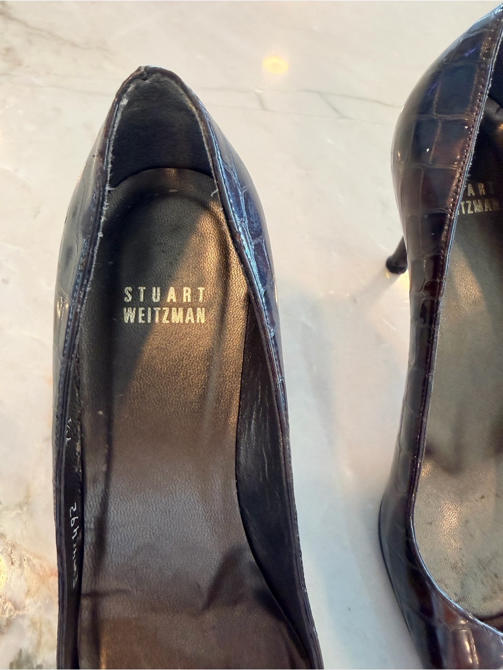 Stuart Weitzman Croc-Embossed Pointed-Toe Pumps — Dark Brown